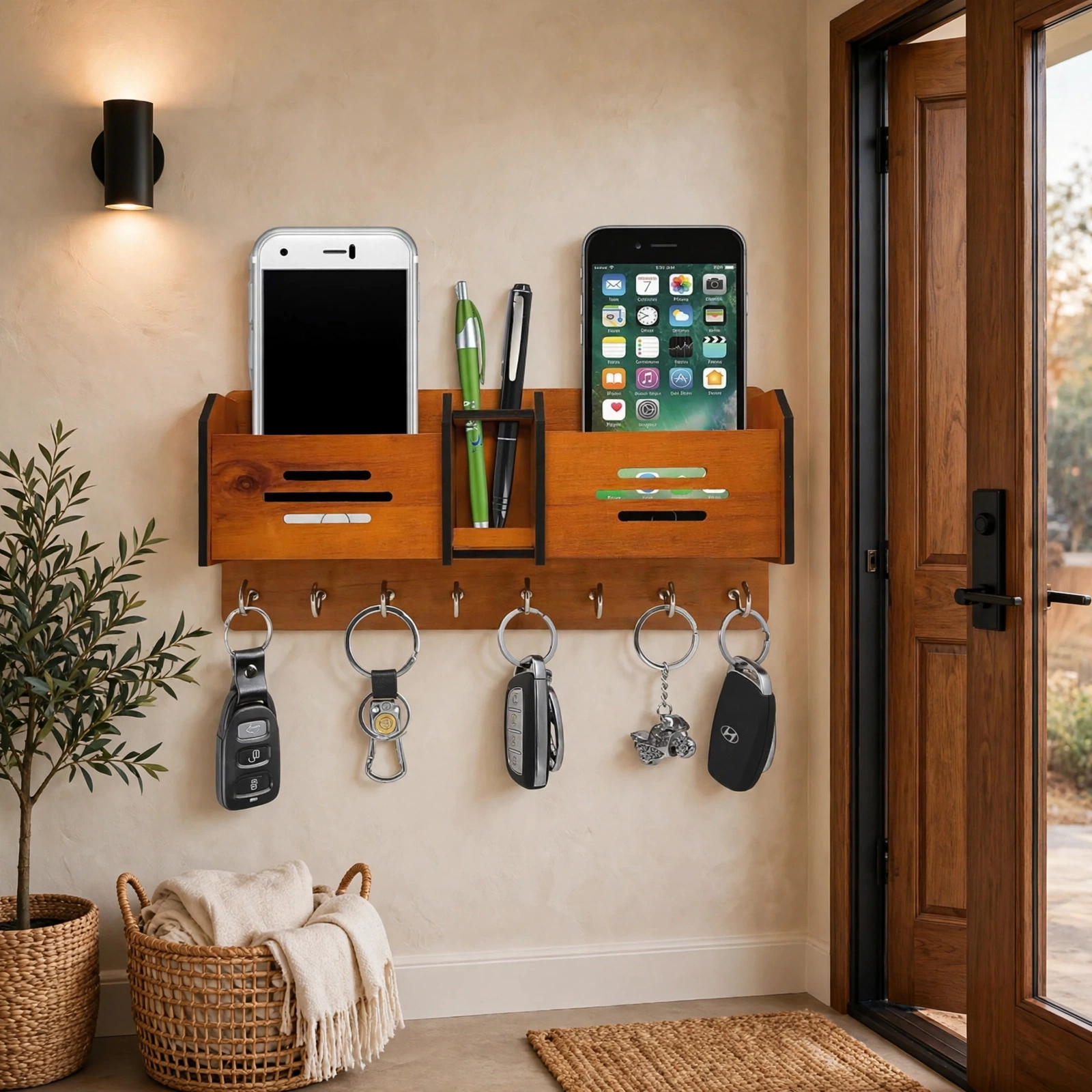 Wooden wall organizer styled in an entrance