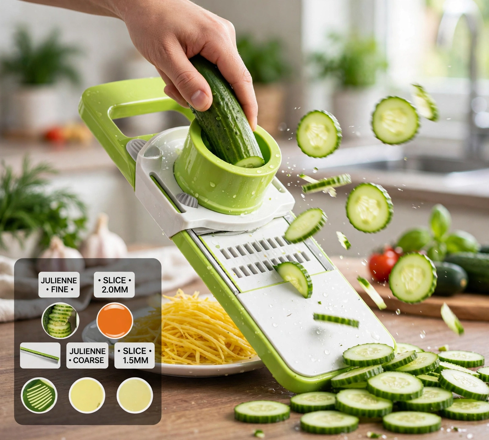 Green vegetable slicer being used in a kitchen
