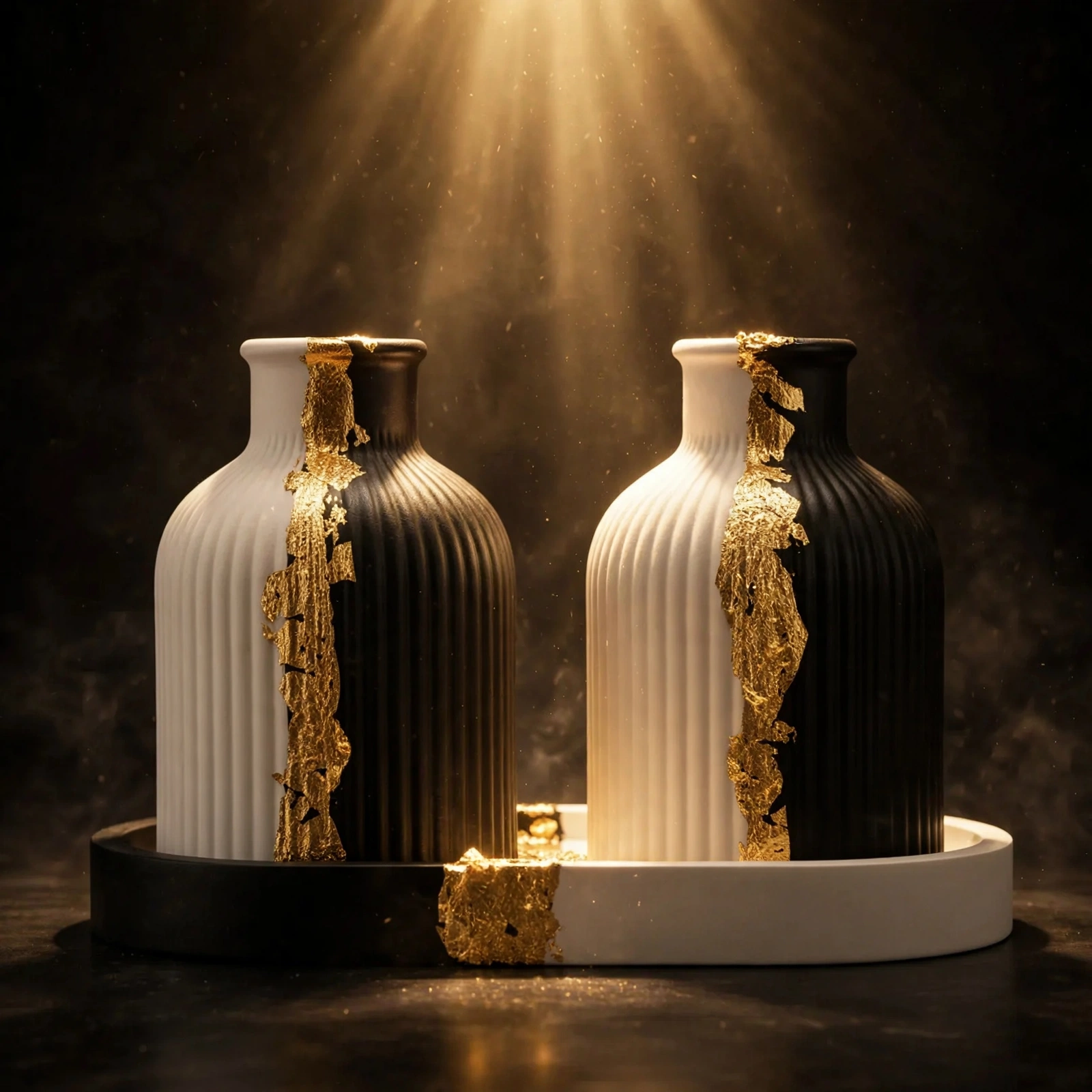 Black and white ceramic vases with gold accents in a dark interior